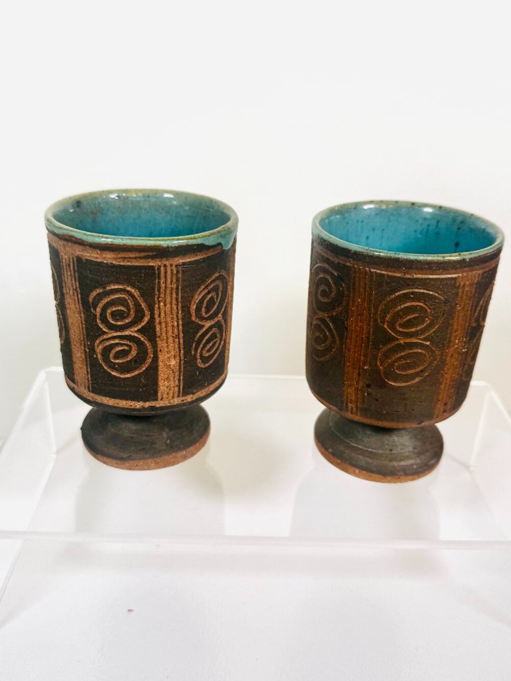 Vtg Set 2 Studio Pottery Stoneware Pedestal 3.25" Cups Brown Blue Mini Chalice